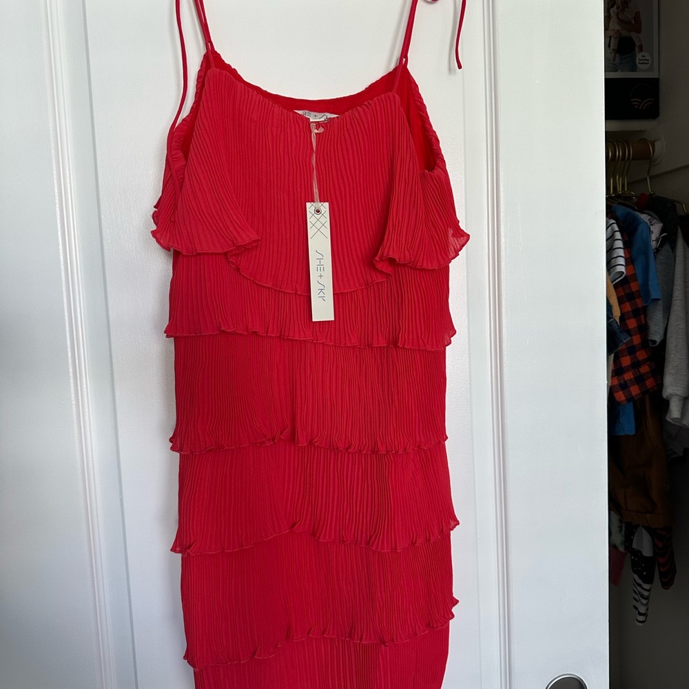 She + Sky Red Tiered Ruffled Mini Dress